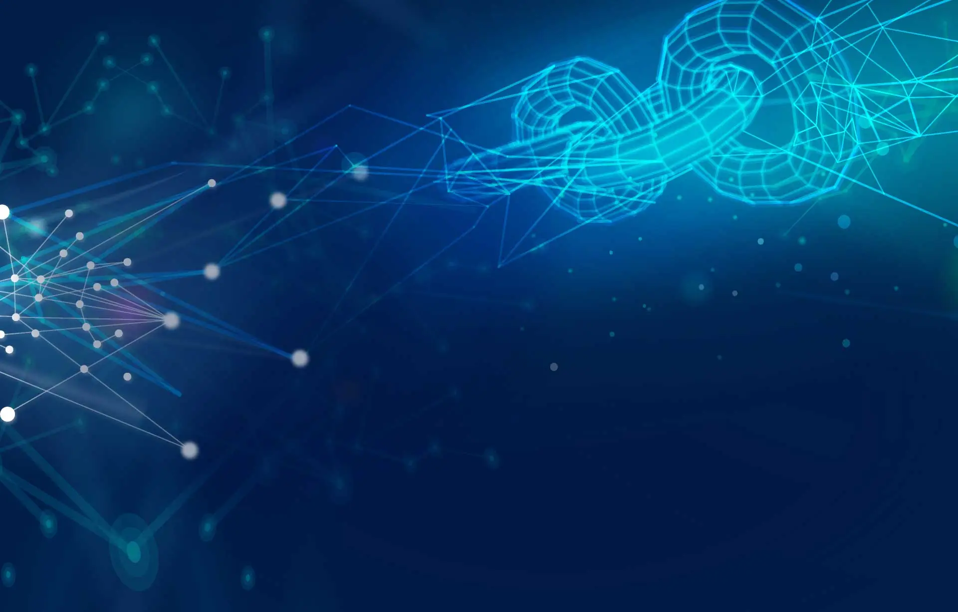 A digital blue-themed background with a 3D chain structure and data points, illustrating blockchain's secure and interconnected framework.