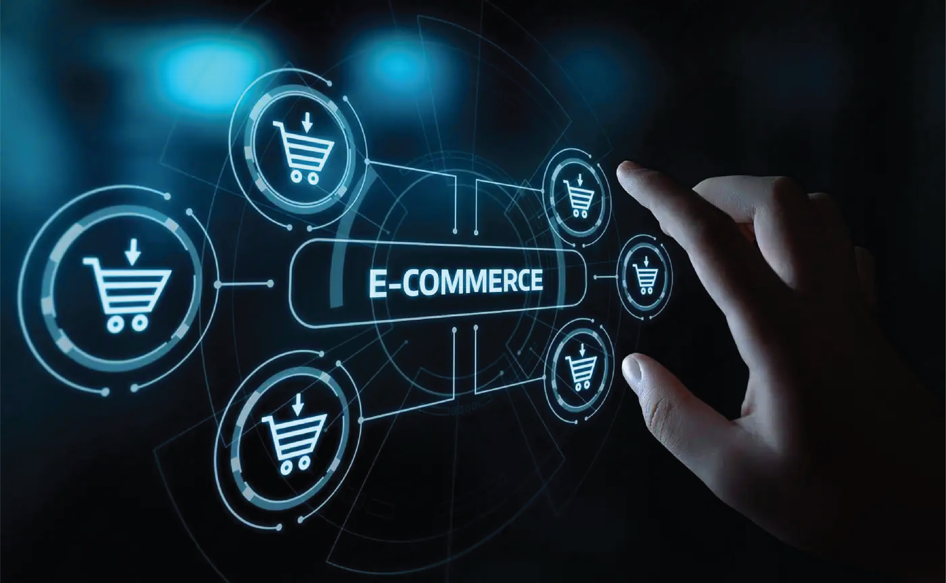 Futuristic interface with ecommerce icons and a hand interacting with digital shopping elements.