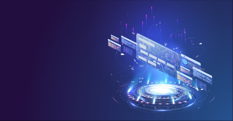 Abstract digital interface with futuristic data visualizations representing financial technology advancements.