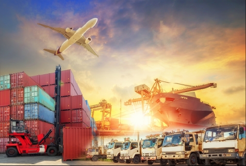 Shipping containers, trucks, and cargo ships with an airplane overhead, representing global logistics and supply chain management.