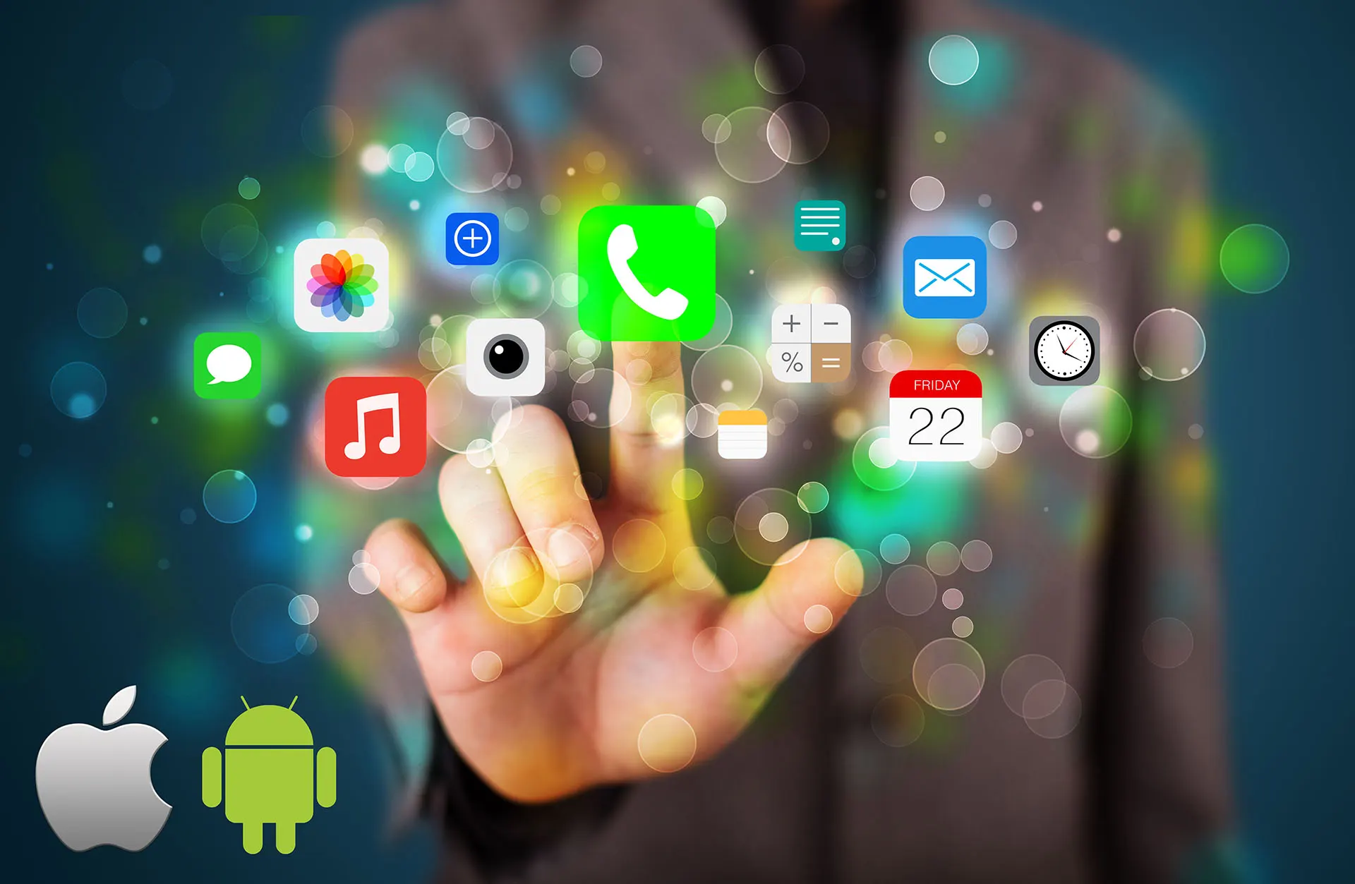 Dynamic visualization of mobile app icons like messaging, calendar, and audio with Android & Apple logos, emphasizing cross-platform app innovation and user-centric features.