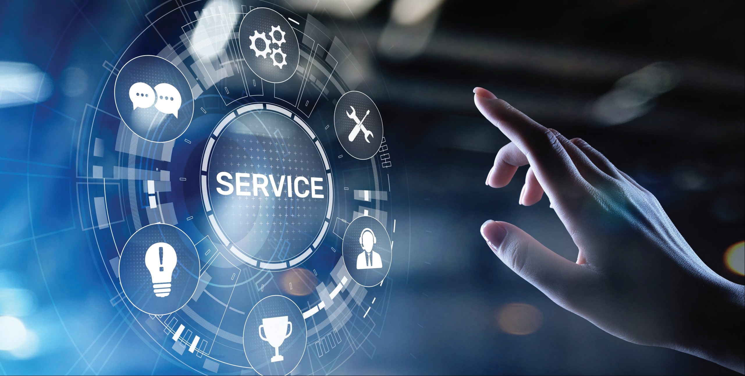 A futuristic interface displaying "Service" surrounded by icons representing tools, communication, and customer support, symbolizing comprehensive service offerings.