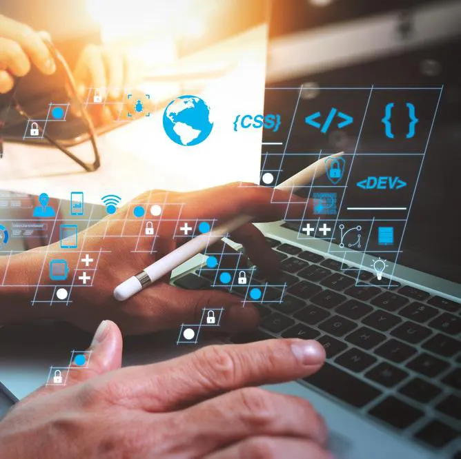 A close-up of a hand interacting with a keyboard, surrounded by digital icons representing web development, security, and technological integration.