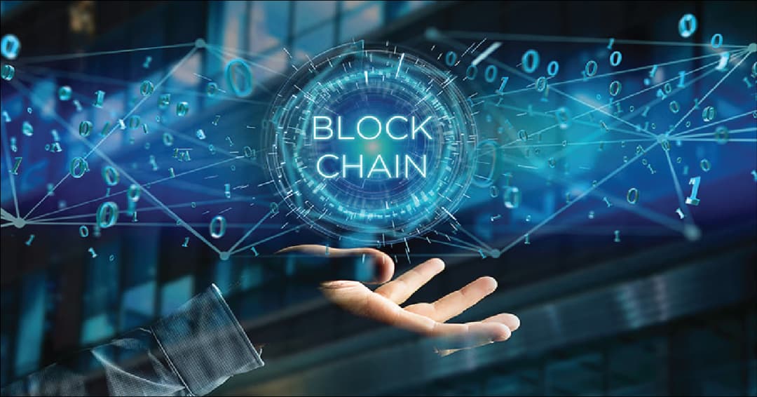 Digital illustration of a futuristic hand holding a glowing blockchain hologram, symbolizing advanced blockchain technology.