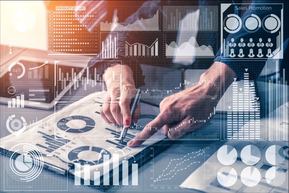 A financial analytics dashboard displayed on a laptop and mobile phone, emphasizing the use of data-driven insights and smart tools for brokerage and user monetization strategies in Meta Stadium.