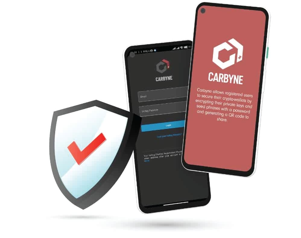  A close-up of a mobile device showing the Carbyne logo and an explanation of its functionality, highlighting secure encryption for private keys and seed phrases with password protection.