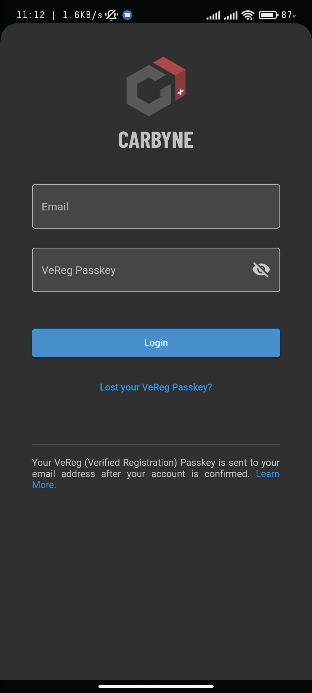 Screenshot showing the login interface of the Carbyne application, with fields for entering email and VeReg Passkey, emphasizing user authentication security. 