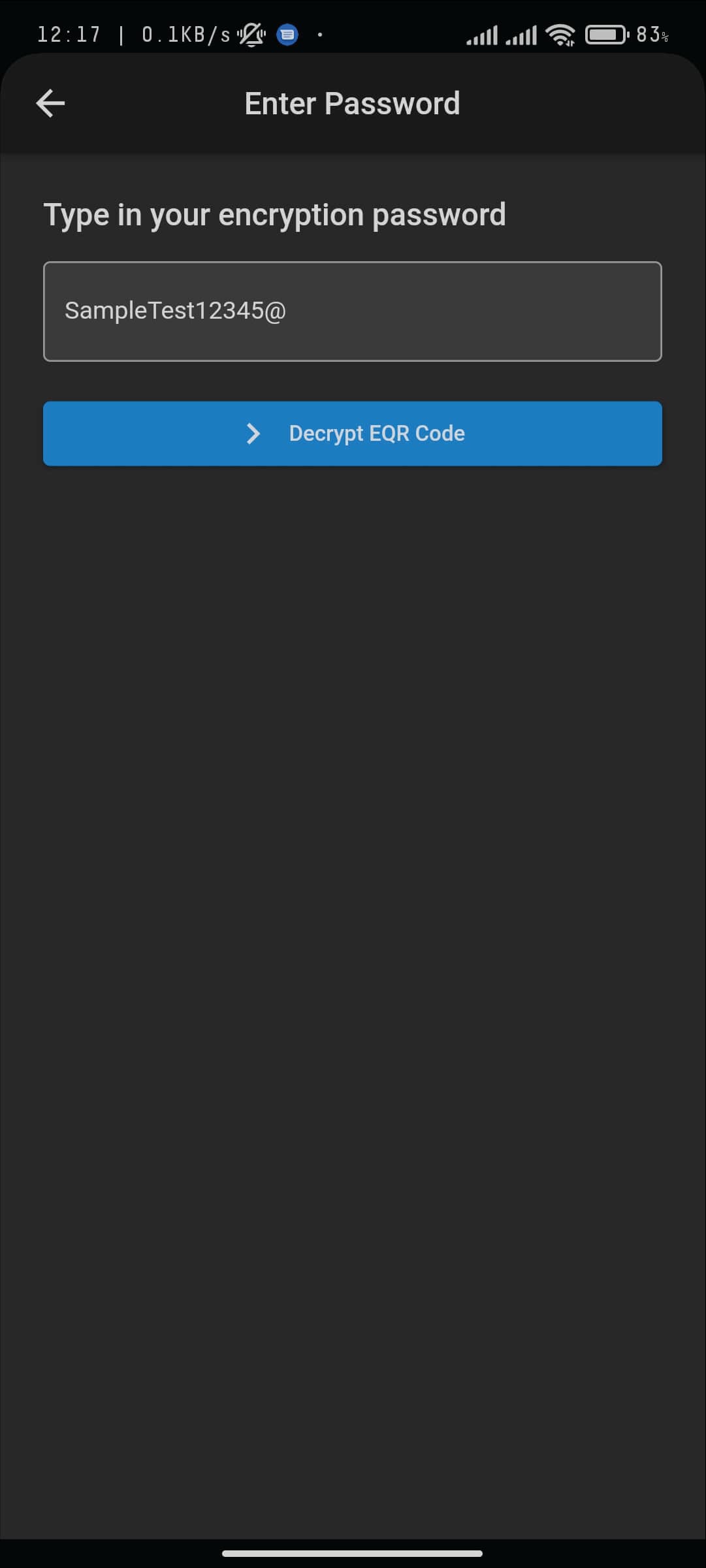 A minimalistic mobile interface prompting the user to enter an encryption password for decrypting the EQR code, featuring a clear input field and a Decrypt EQR Code button.