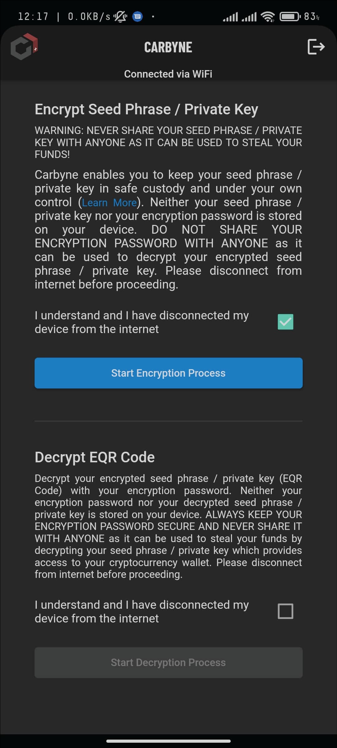 Interface displaying instructions and options for encrypting a seed phrase or private key.