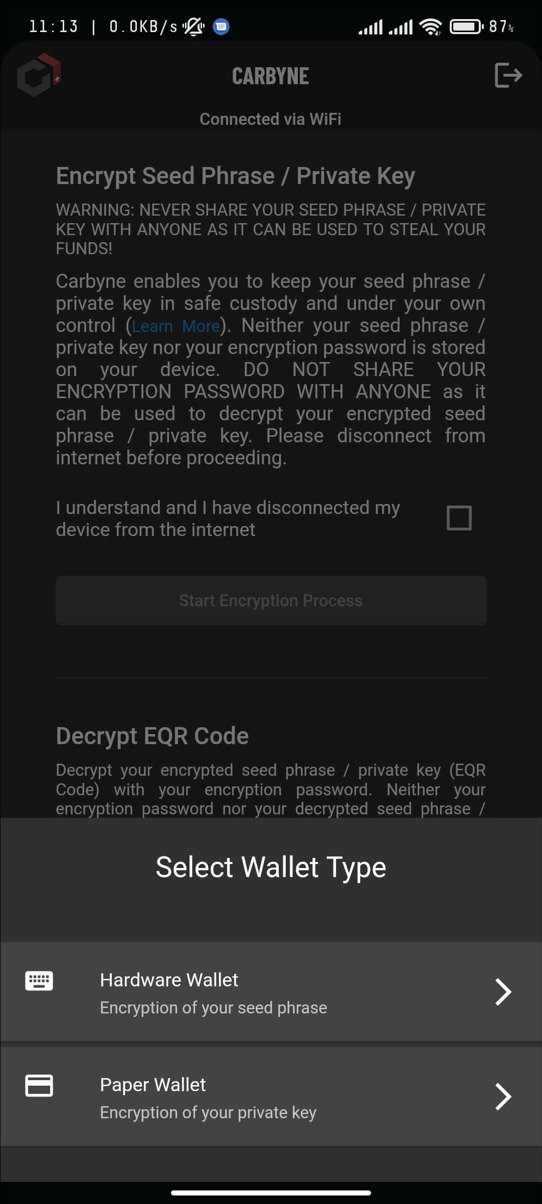 A screen offering choices between hardware wallet and paper wallet encryption, enhancing user flexibility in securing their cryptocurrency.