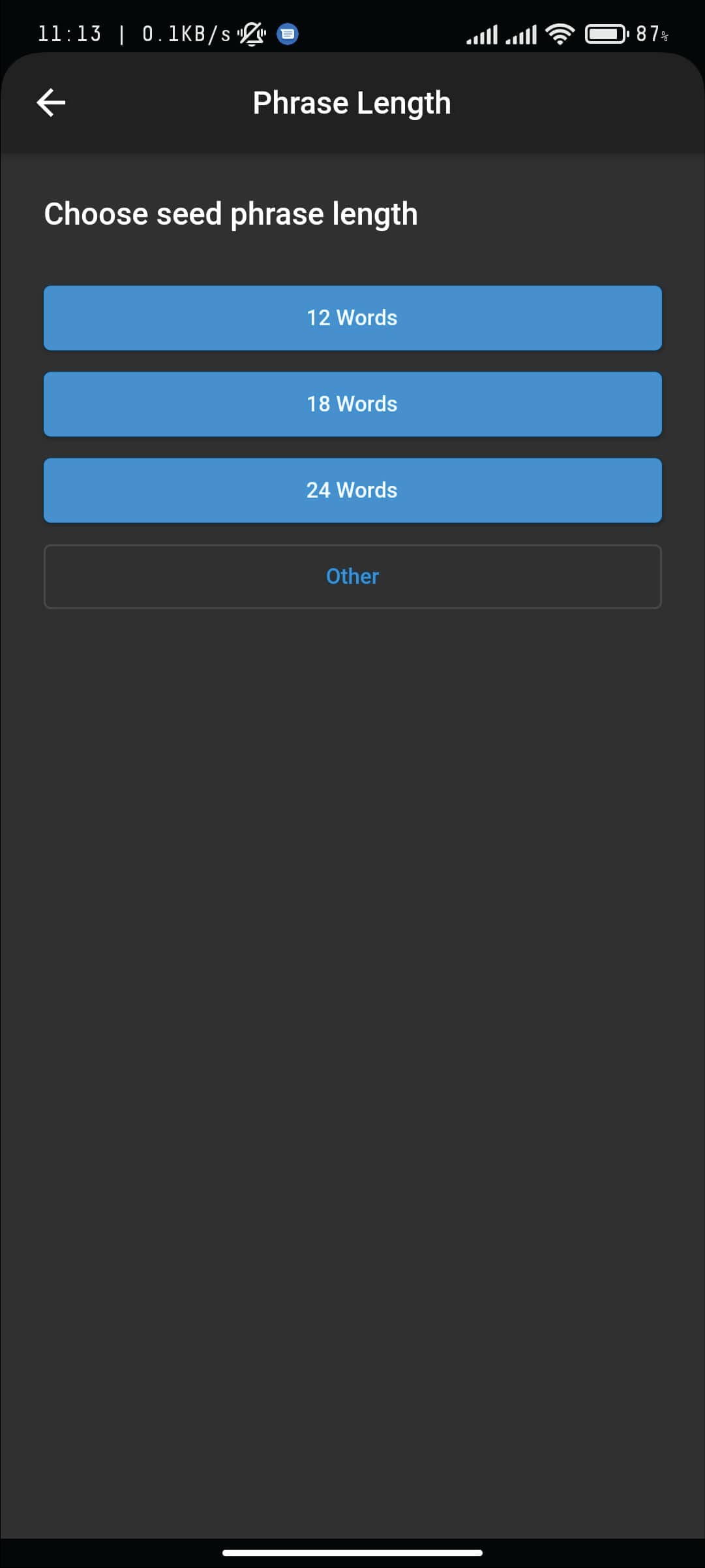 Interface for selecting the seed phrase length, with options for 12, 18, or 24 words, ensuring customizable security levels.