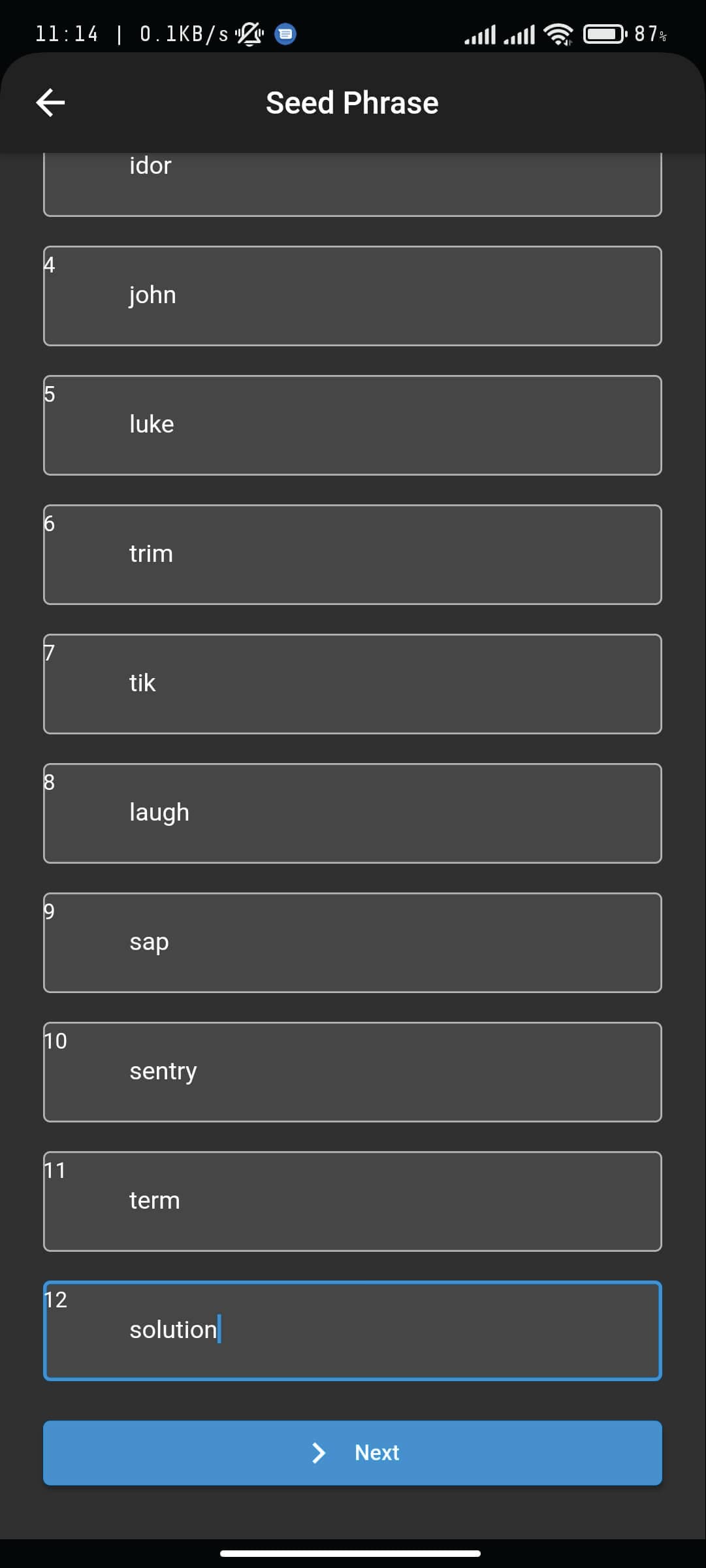 Input form for users to enter their seed phrase securely, divided into multiple fields for precision.