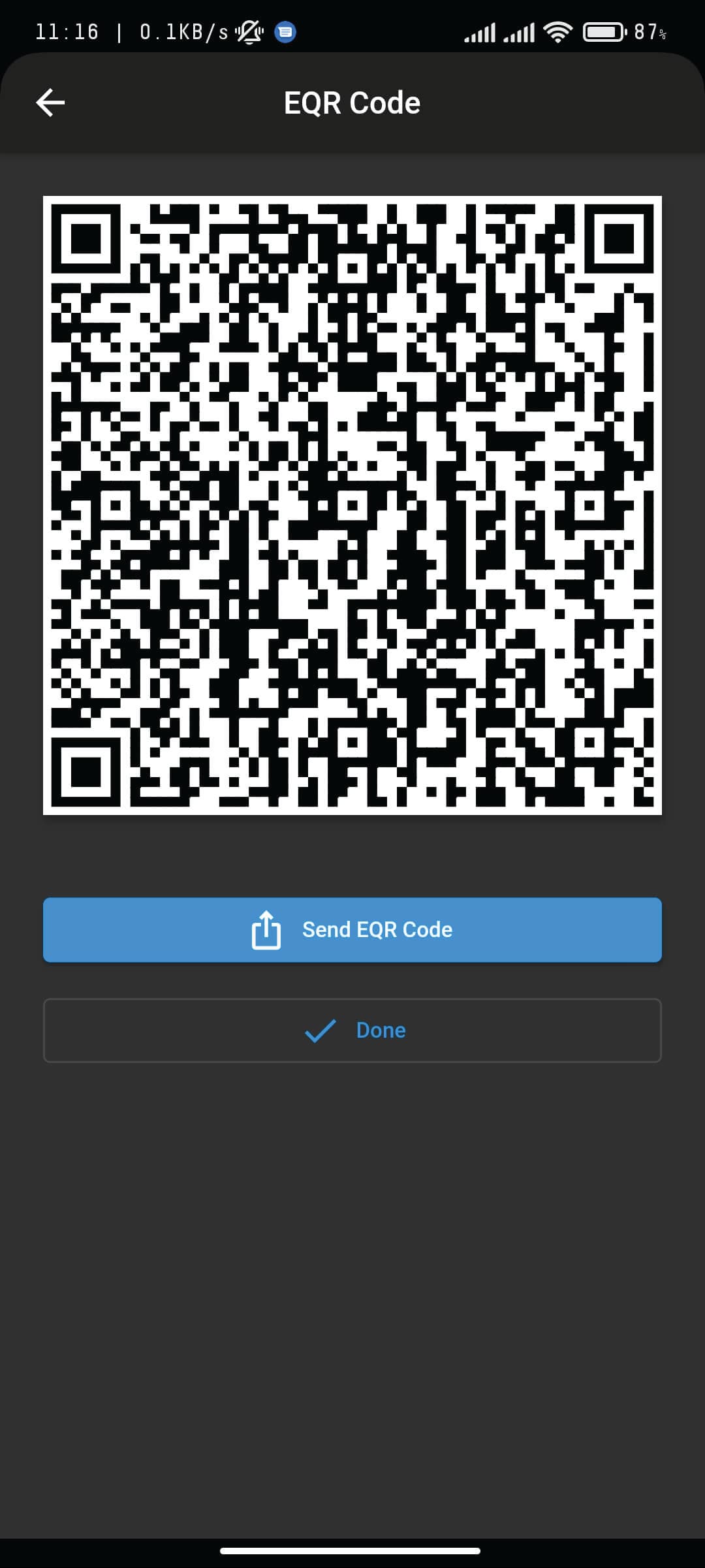 A QR code displayed on the screen for sharing encrypted seed phrases or private keys, accompanied by an option to send or mark the process as done.