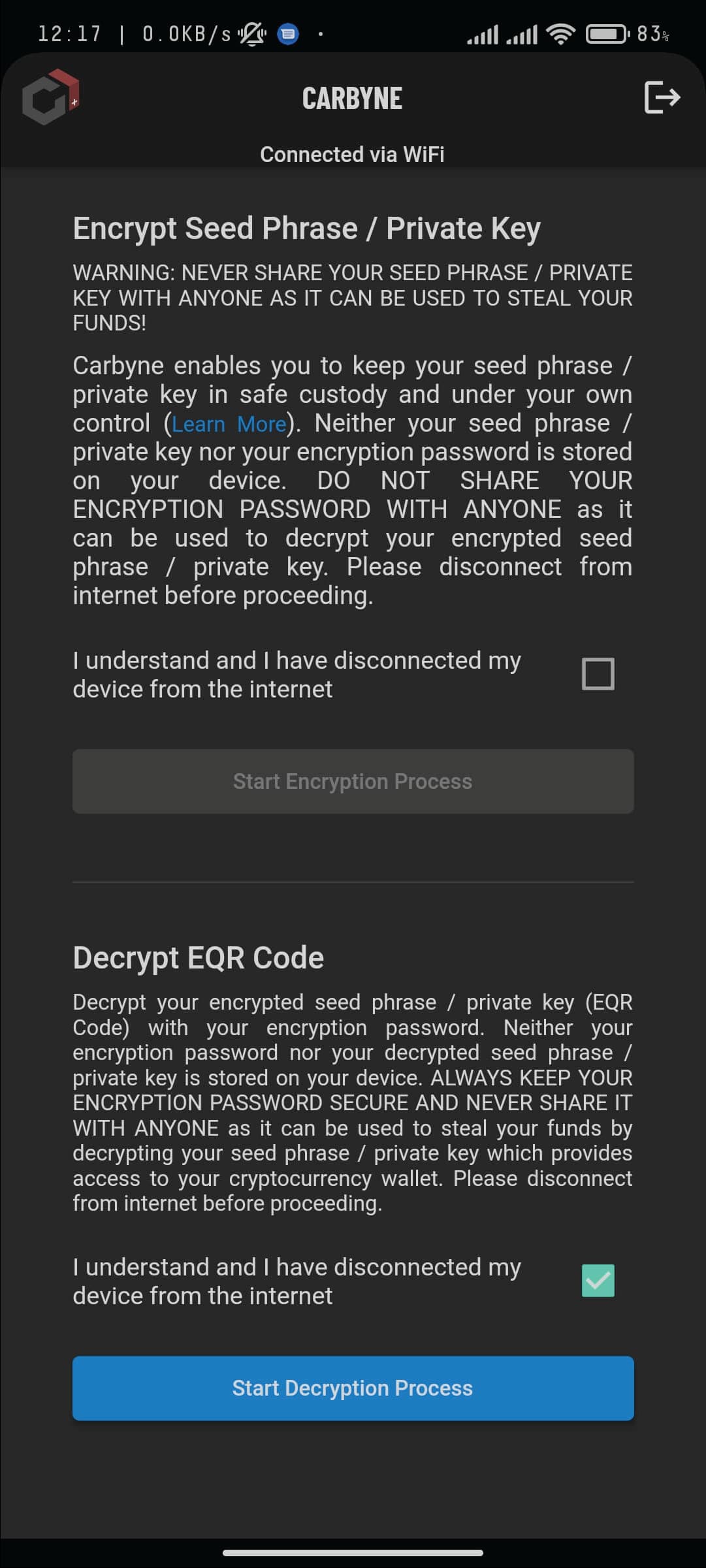Instructions for decrypting encrypted seed phrases or private keys using the encryption password, with a checkbox to confirm disconnection from the internet.