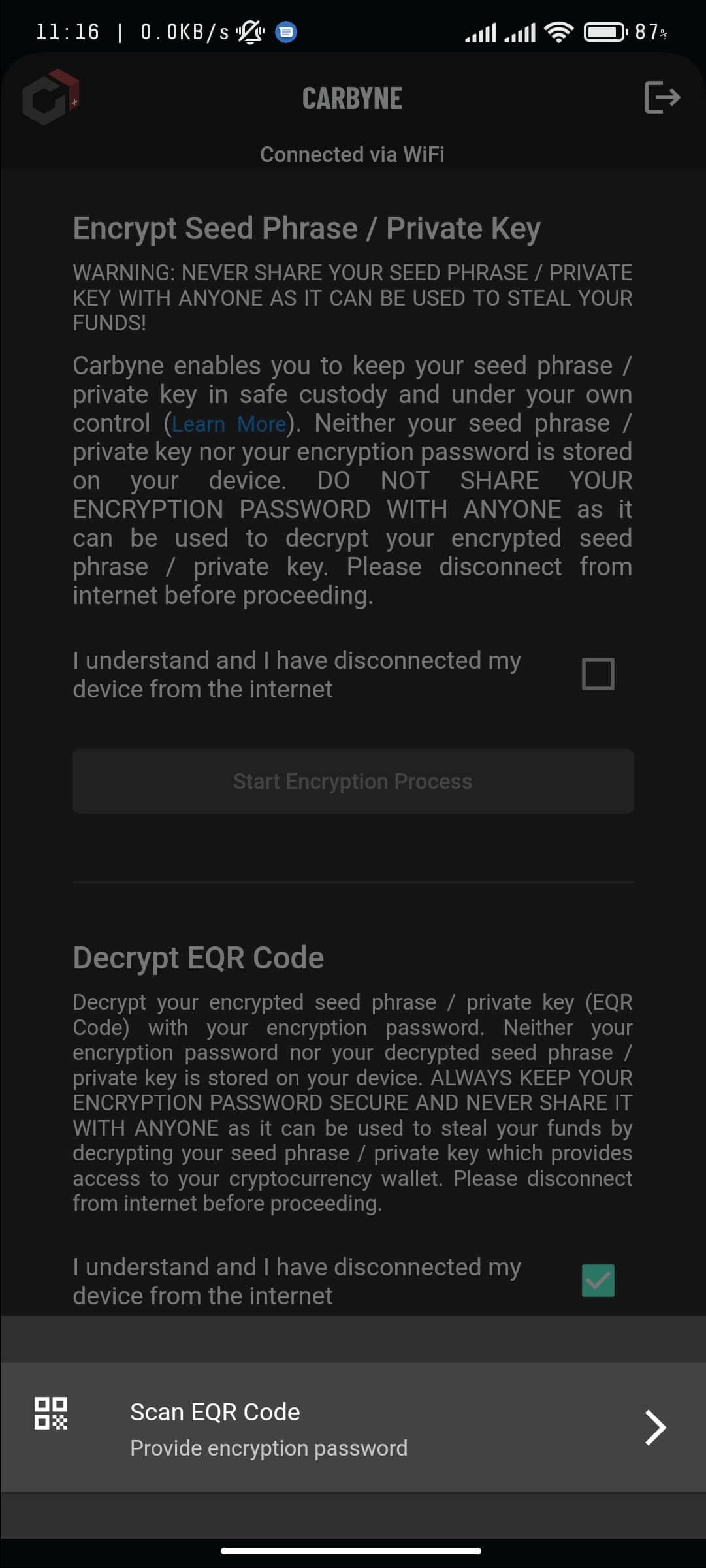 Camera interface for scanning an EQR code, with a prompt to place the QR code within the frame for accurate reading.