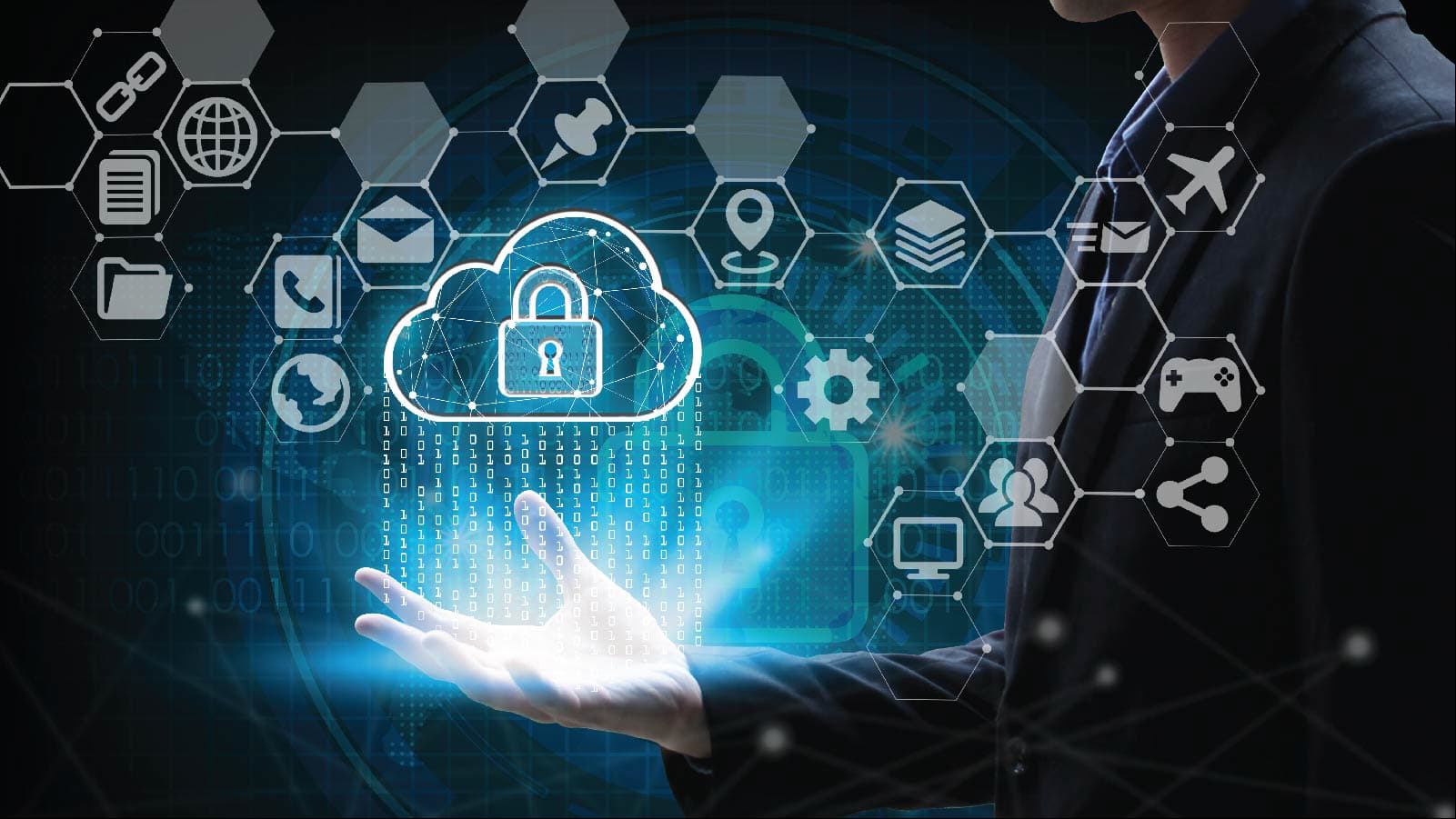 A futuristic depiction of cloud technology, showcasing a glowing padlock inside a cloud icon with surrounding data points, emphasizing secure data storage.