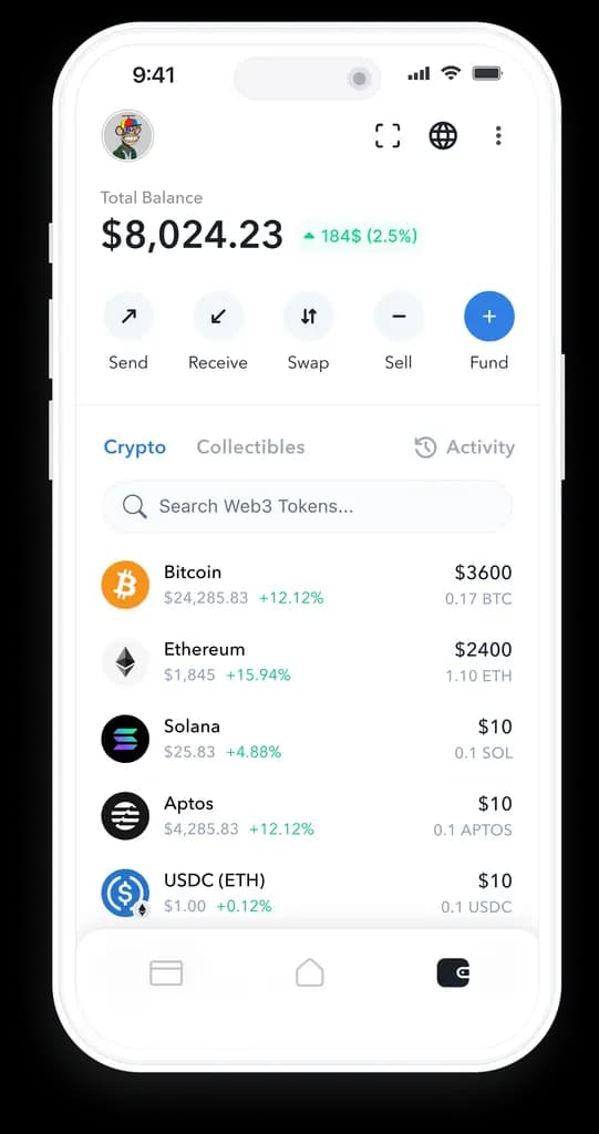A smartphone screen displaying a cryptocurrency wallet with a total balance.