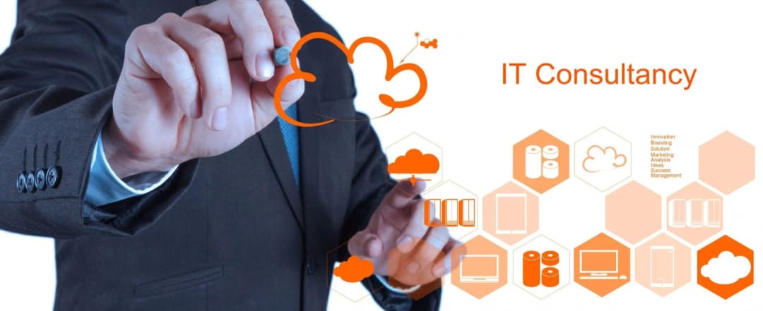 Professional drawing a cloud icon on a digital interface with IT-related icons and text 'IT Consultancy,' representing the enhancement of IT strategy and services.