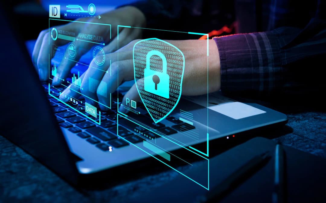 Cybersecurity concept illustrated with a shield icon displayed on a laptop screen, highlighting data protection and privacy measures.