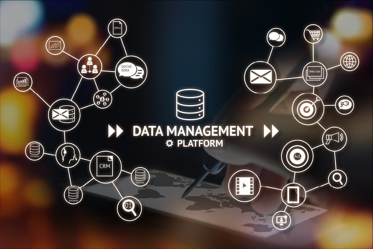An illustration of a data management platform with interconnected icons representing various data sources such as CRM, social data, and analytics.