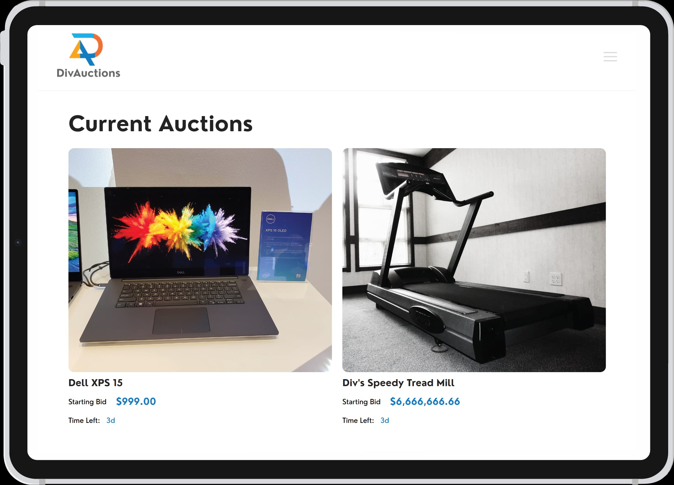 A screen showcasing current auctions on DivAuctions.