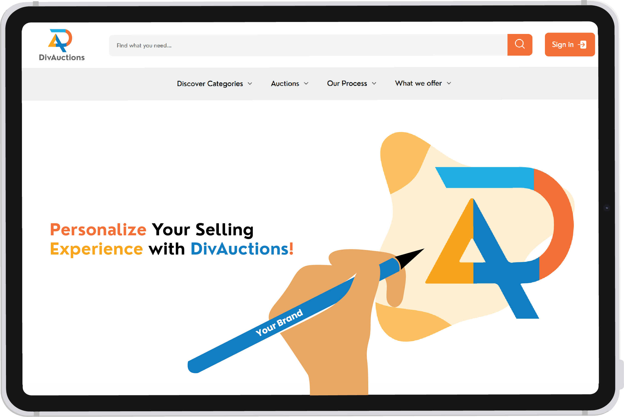 A tablet screen showing a custom branding concept for DivAuctions, emphasizing personalization with the tagline Personalize Your Selling Experience with DivAuctions.
