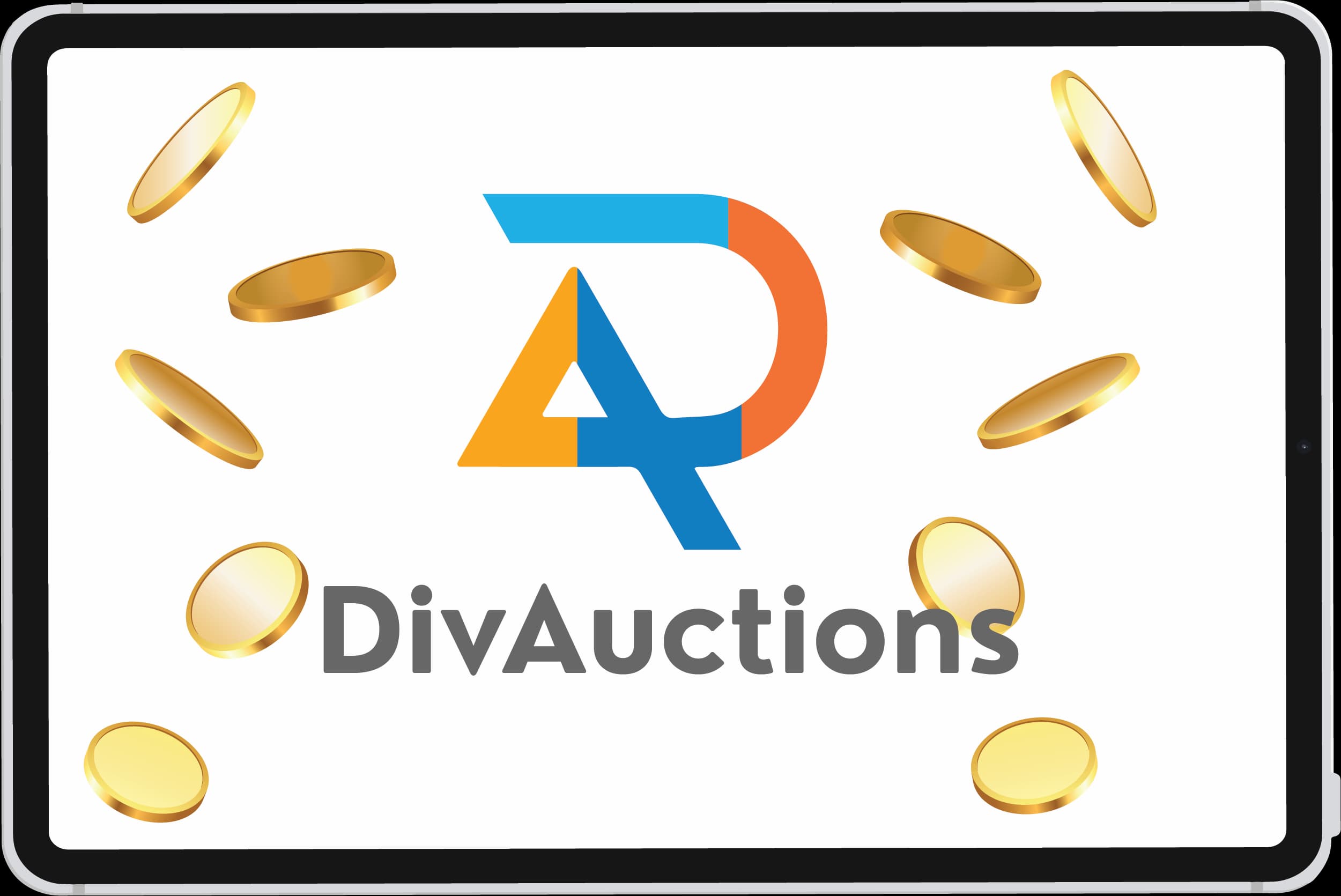 An illustration with the DivAuctions logo surrounded by gold coins, symbolizing the platform's goal to maximize earnings for users.