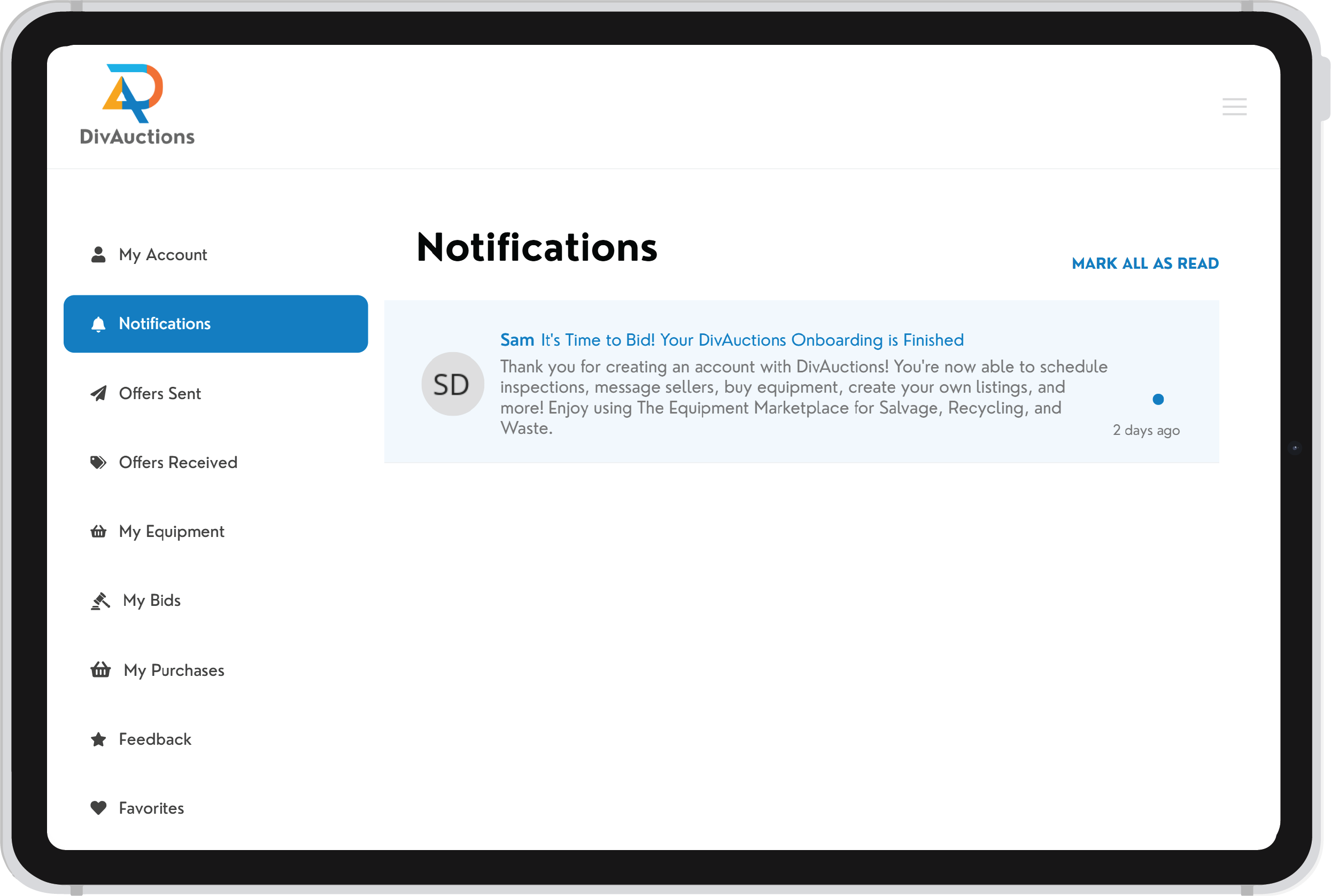 A notification screen on a tablet displaying user activity on DivAuctions, such as onboarding completion and auction updates, with an organized side menu.