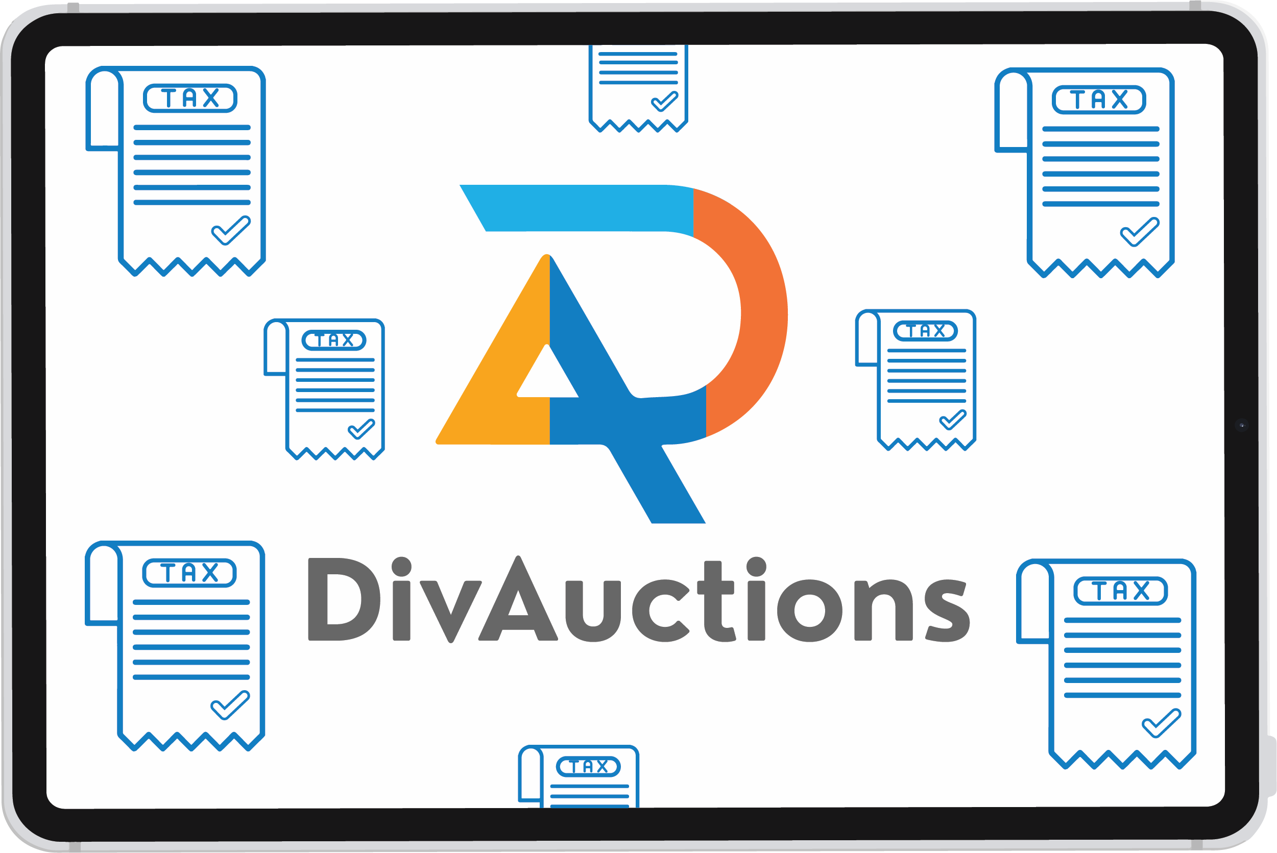 A concept image with the DivAuctions logo and tax document icons, highlighting the platform's capability for managing tax compliance.