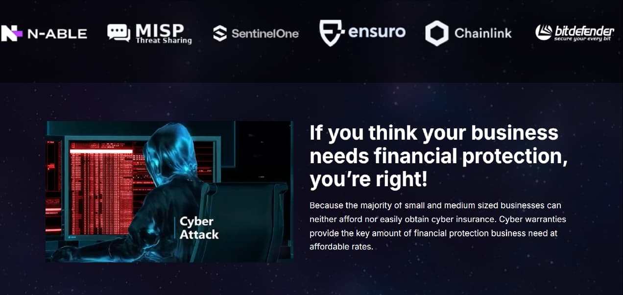 A promotional banner highlighting cybersecurity solutions, featuring a digital hacker figure and logos.