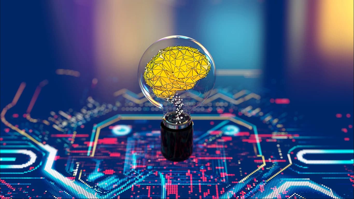 A lightbulb with a polygonal representation of a brain inside, symbolizing artificial intelligence and digital transformation.