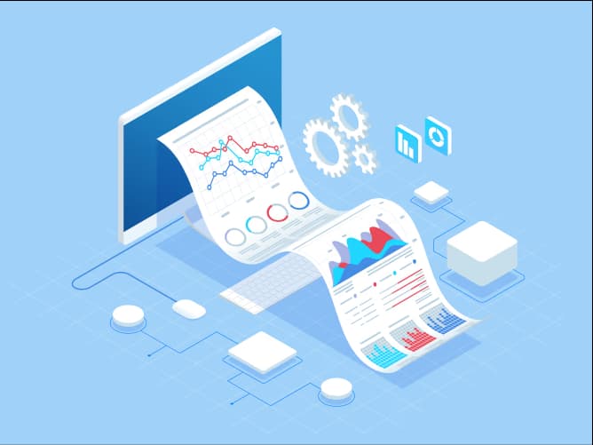 Visualization of ecommerce analytics with graphs, charts, and gear icons displayed on a computer screen.