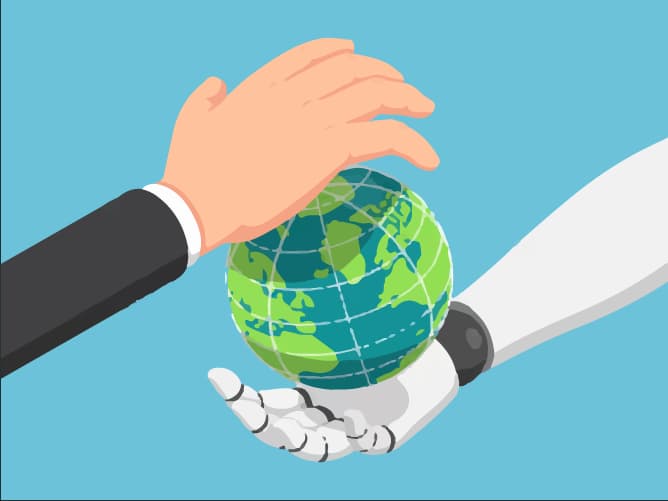 Graphic of a human hand and robotic hand holding a globe, symbolizing collaboration in ecommerce technology.