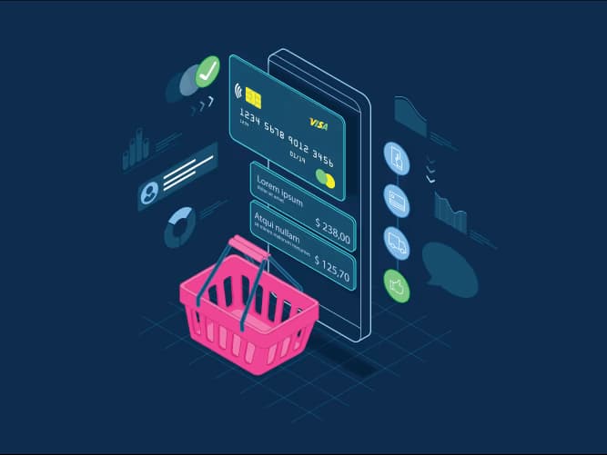 Graphic of a digital shopping basket, credit card details, and data analytics representing ecommerce user experience.