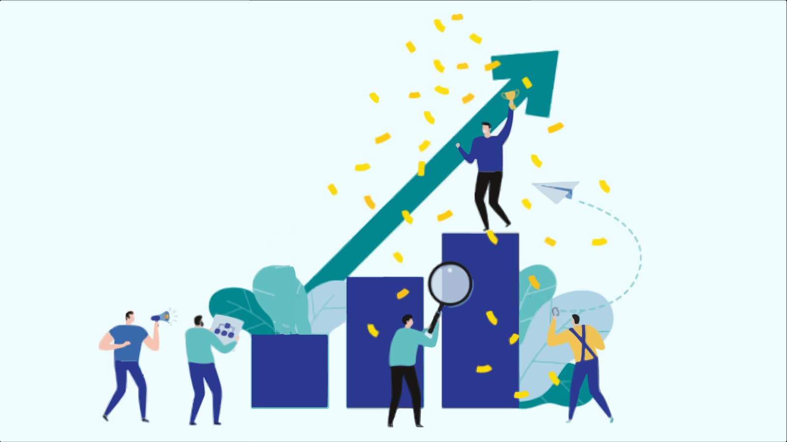 A creative illustration showing people analyzing data and contributing to a graph with an upward arrow, symbolizing growth, collaboration, and progress.