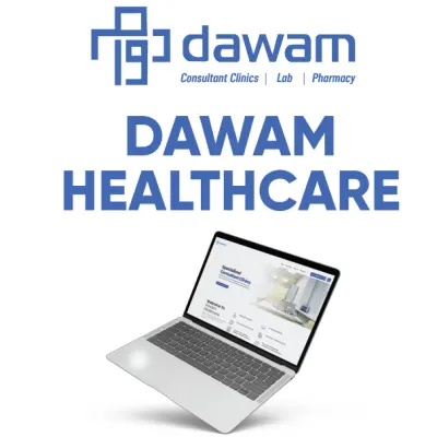 A sleek mockup of the Dawam Healthcare system displayed on a laptop, representing consultant clinics, labs, and pharmacy management solutions.