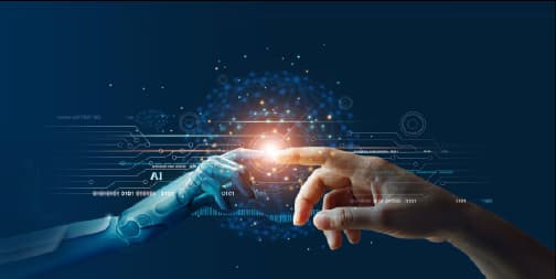 A futuristic depiction of a robot hand and a human hand reaching out to connect, representing human-machine collaboration in artificial intelligence.