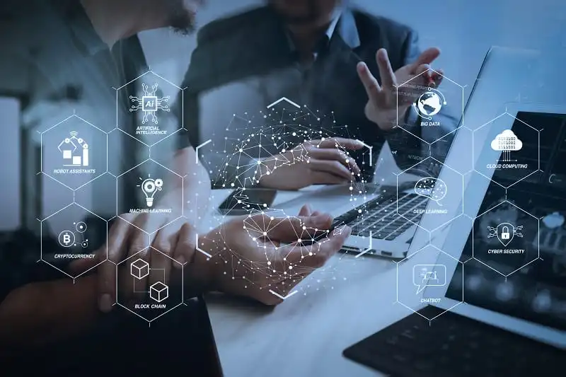 A meeting scenario with holographic icons showcasing AI, blockchain, cybersecurity, and other advanced technologies, emphasizing technical expertise and consultation.