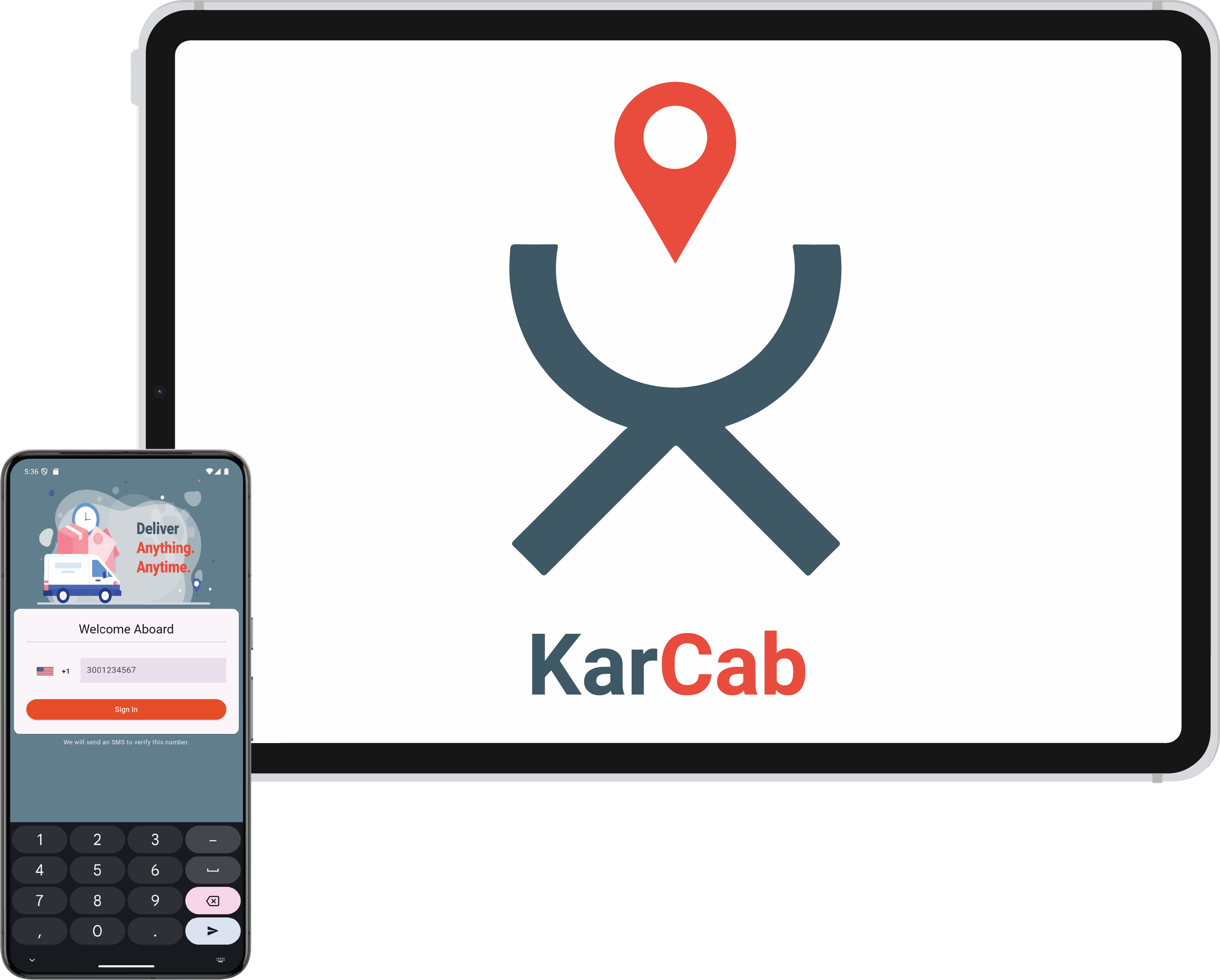 A cross-platform mockup of the KarCab delivery app, featuring a login screen on mobile and logo branding on a tablet, emphasizing user-friendly navigation.
