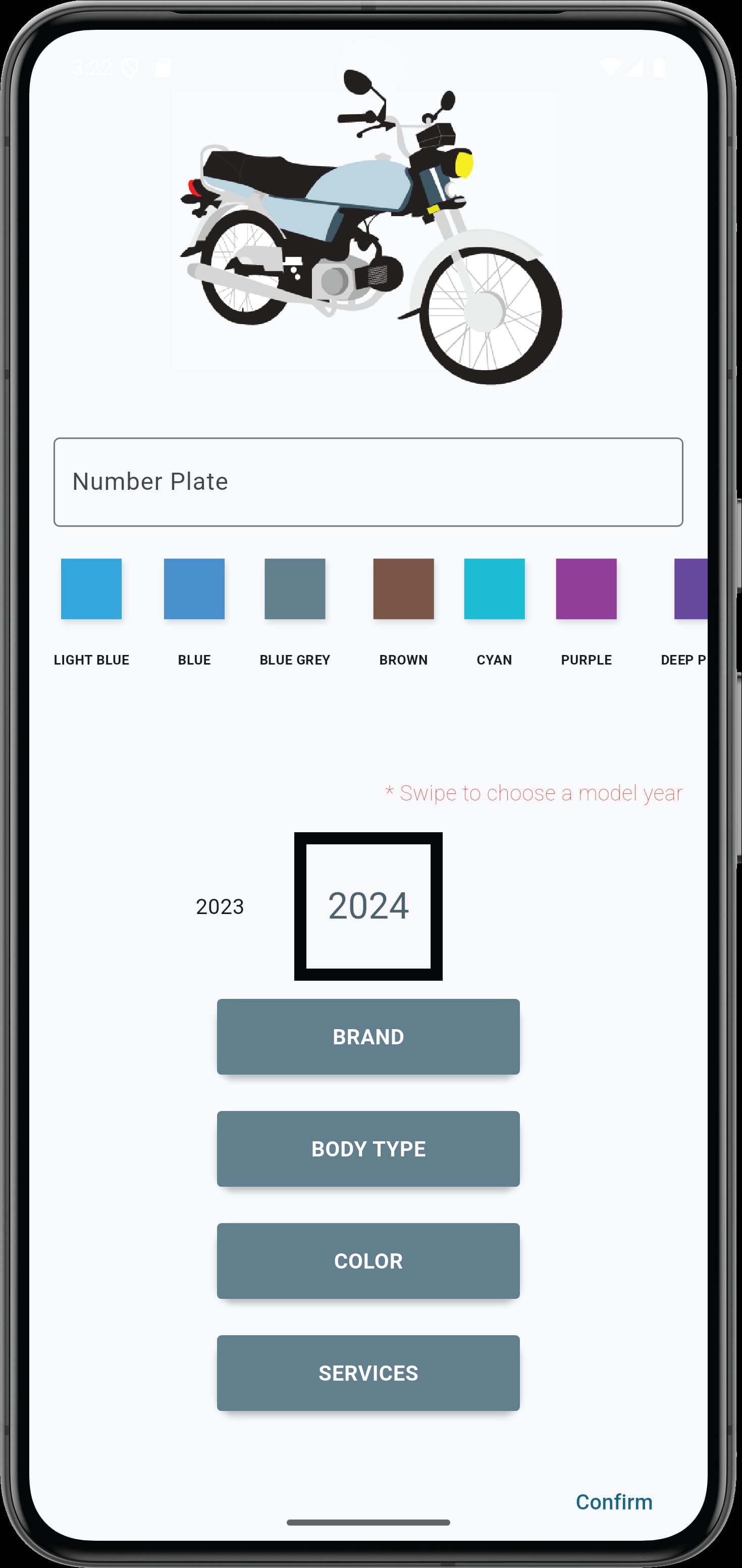 A form displaying a motorcycle image where the user can input vehicle details like number plate, model year, brand, body type, color, and additional services, with a "Confirm" button.