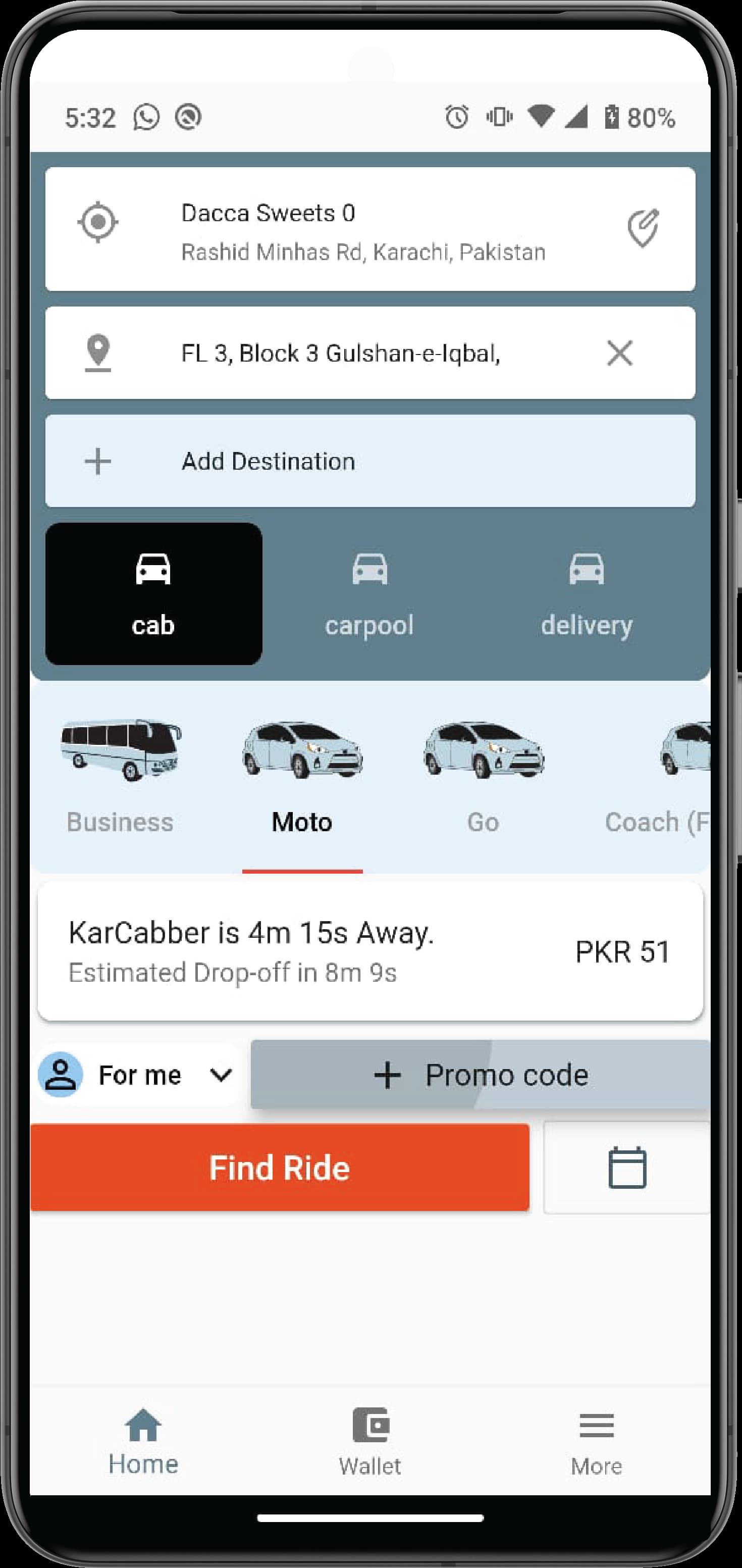 A screen showing the ride-booking interface with fields for entering pickup and drop-off locations, ride categories such as cab, carpool, and delivery.