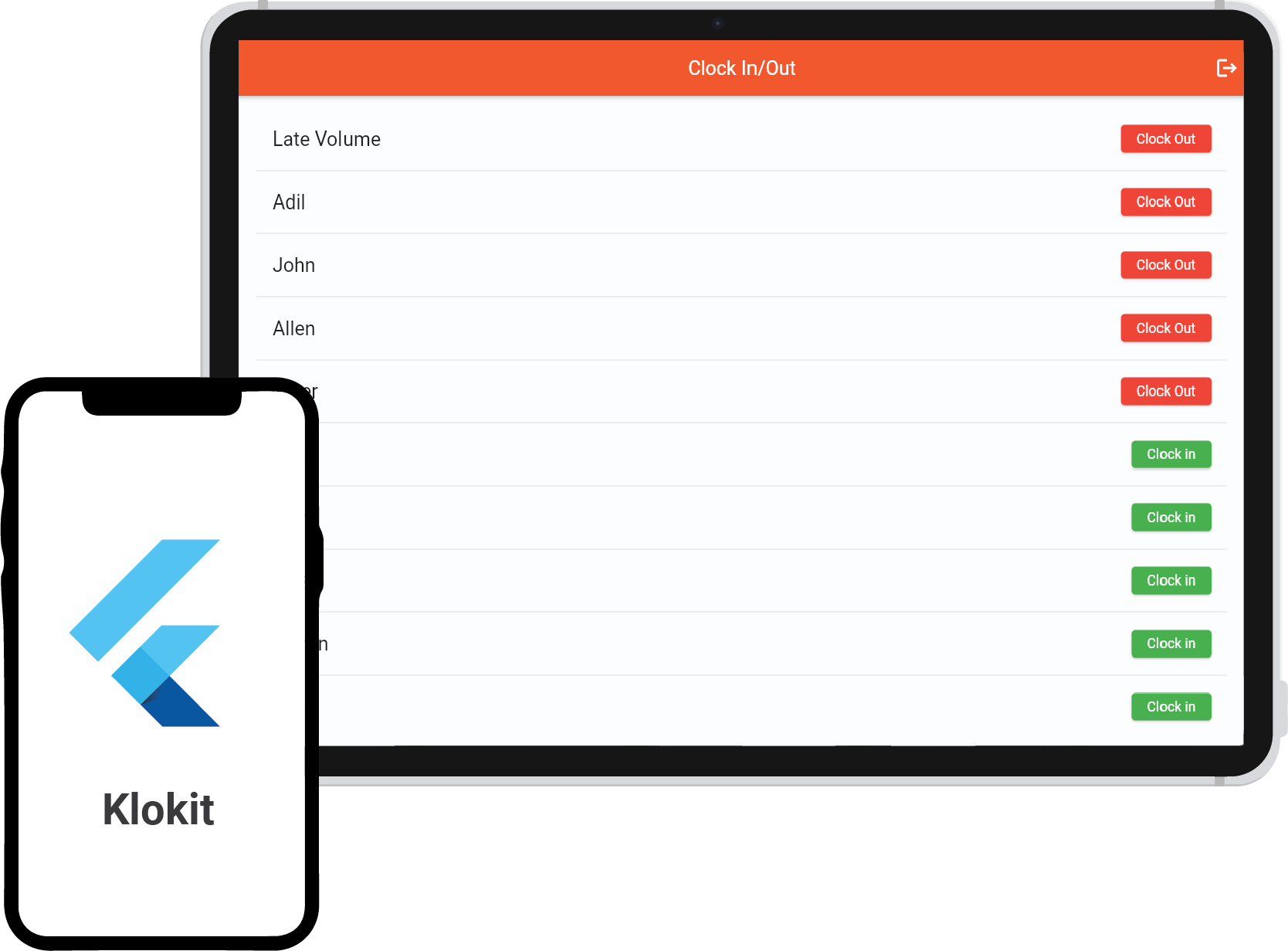 A responsive interface of Klokit, showcasing employee clock-in/clock-out features.