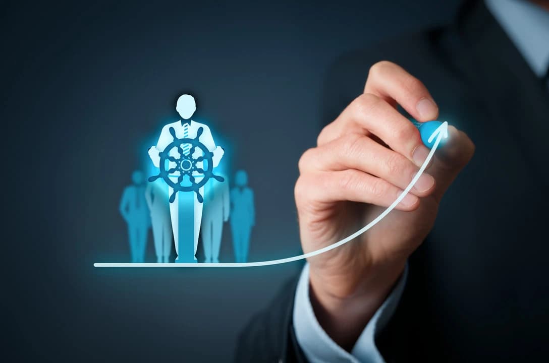 A professional depiction of a leader guiding a team toward success, symbolizing strategic direction and team coordination.