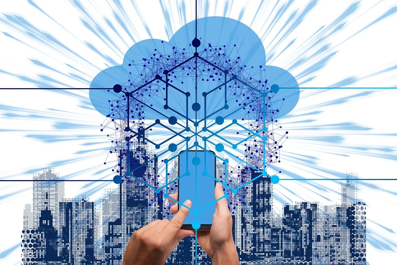 A vibrant cityscape overlaid with a network of interconnected nodes representing cloud computing and digital transformation.