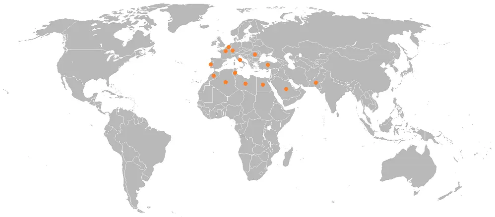 World map with highlighted locations, representing the company's global presence.
