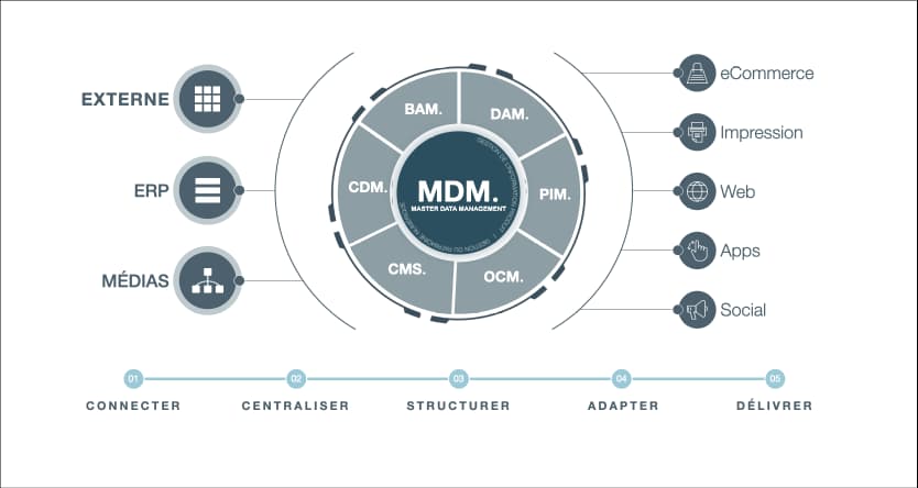 A structured MDM framework diagram depicting modules like DAM, PIM, CMS, and their connections to external systems such as ERP and media. 