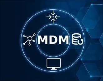 A diagram representing Master Data Management (MDM), featuring interconnected nodes, a database icon, and a computer monitor, emphasizing centralized data integration.