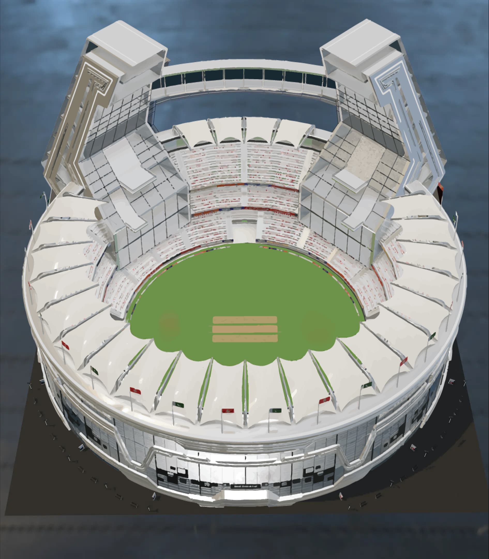 A 3D model of a futuristic cricket stadium with detailed architectural elements, showcasing a concept for virtual sports experiences.