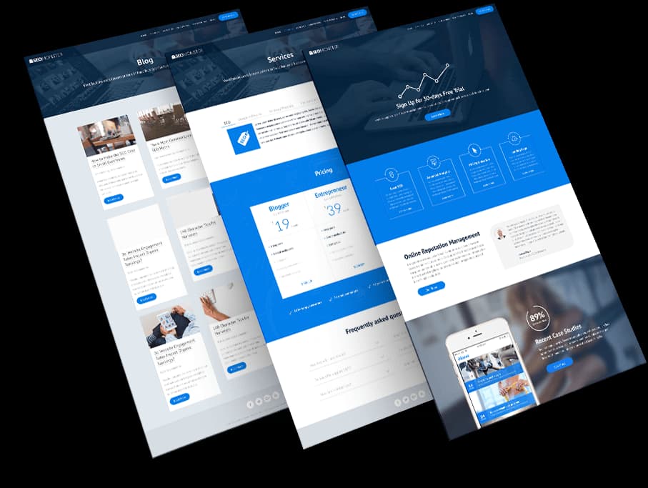 Visualization of website mockups showcasing service features, pricing, and case studies.