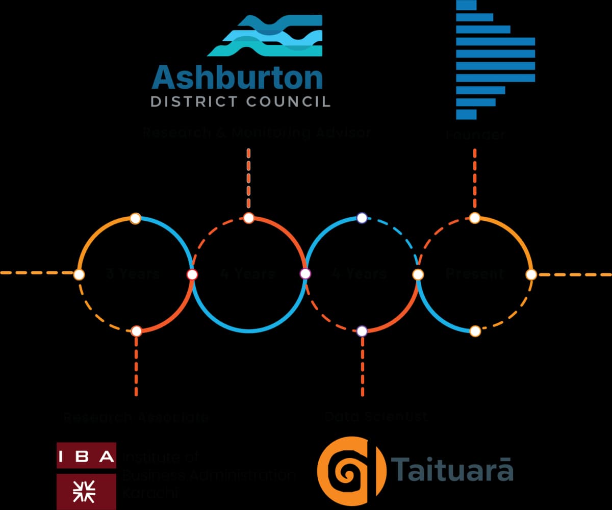Visual timeline showcasing Muhammad Mubashir Mukhtar professional journey with company logos and milestones.